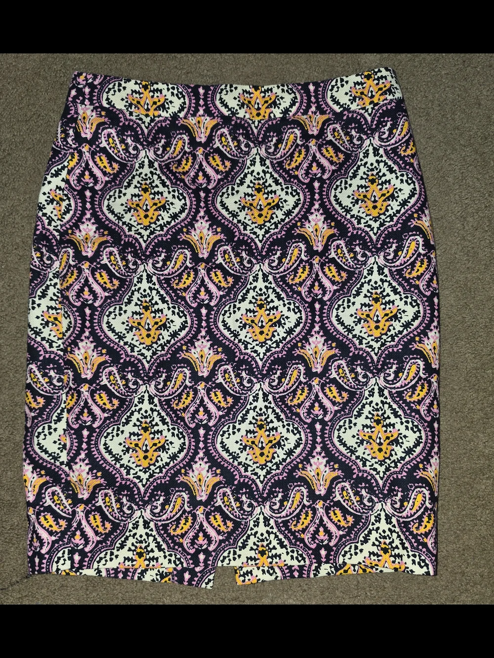 J. Crew Purple Paisley-Style Pattern Pencil Skirt with Pink and Yellow Accents